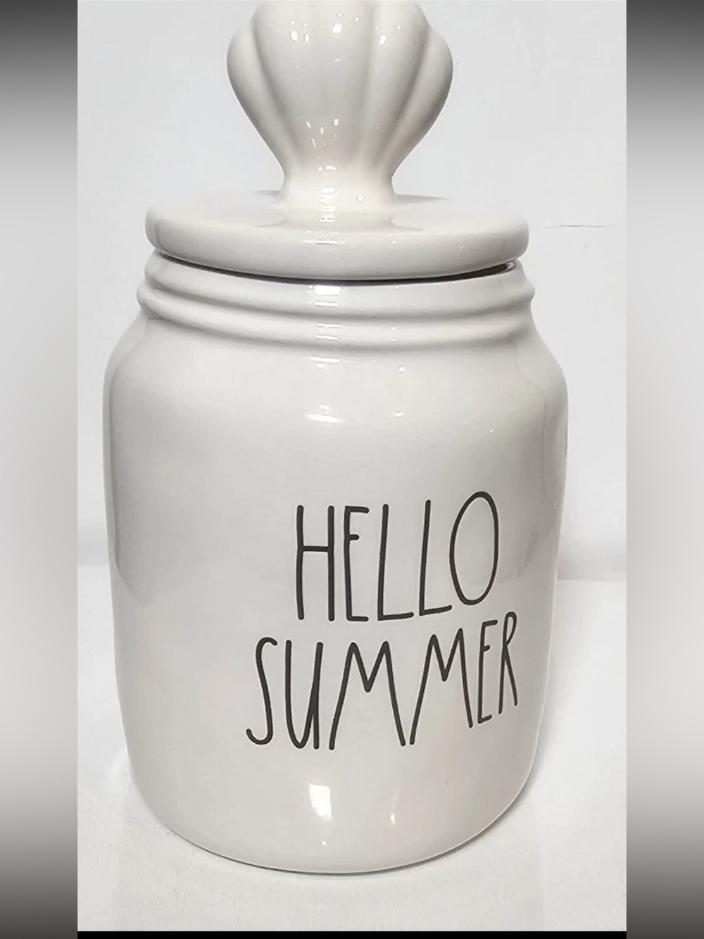 Rae Dunn hello summer baby canister with shell topper